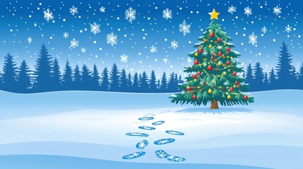 Festive winter scene with christmas tree and snowy footprints holiday spirit outdoor scenic view
