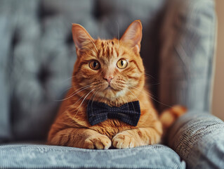 Obraz premium Charming photo portrait of a cat with a bow on its neck. Captures the theme of love and care for pets.