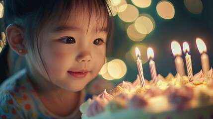 Naklejka premium Adorable Girl Smiling at Birthday Cake with Lit Candles and Warm Bokeh Lights