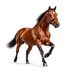 Obraz premium Majestic Galloping Bay Horse with Shiny Coat, Dynamic Pose, and Powerful Legs, Perfect Equestrian Elegance on a White Background Capturing Speed, Grace, and Strength in Motion