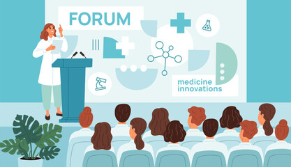 International medical forum. Doctor at tribune. Medicine innovation presentation. Scientist character. Performance from stage. Conference audience. Public speaker. Garish vector concept