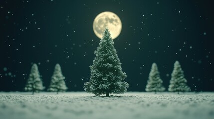 Naklejka premium Snowy evergreen trees under a full moon winter night landscape serene natural environment