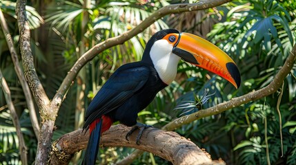 Naklejka premium A colorful toucan perched on a tree branch in the Amazon.