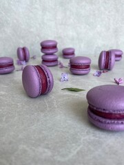 French Purple Macarons with Berry Filling and Lilac Flowers