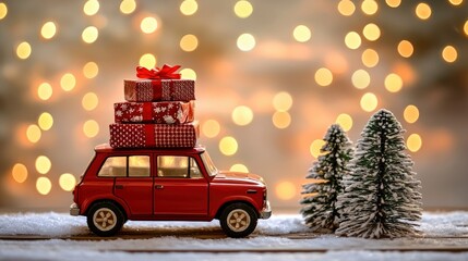 Festive Red Car Carrying Christmas Presents Against a Sparkling Lights Background