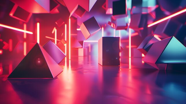Abstract geometric shapes with red and blue neon light on reflective floor.