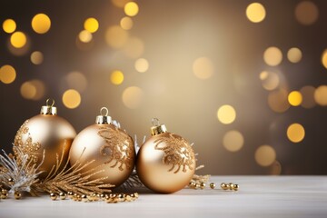 Elegant golden christmas balls are creating a magical atmosphere with sparkling bokeh lights