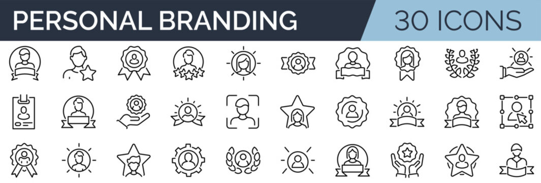 Set of 30 outline icons related to personal branding. Linear icon collection. Editable stroke. Vector illustration	