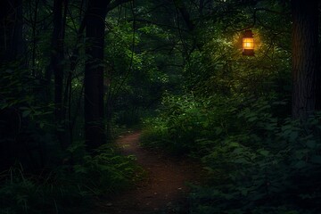 Obraz premium Enchanted Forest Path Mysterious Night Lantern Lit Trail