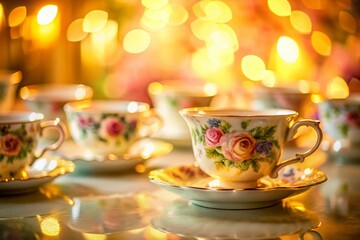 Fototapeta premium Vintage Porcelain Tea Set Long Exposure Photography - Antique Teacups, Fine China, Elegant Tea Party
