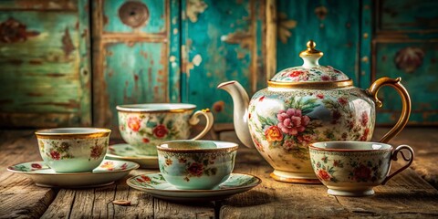 Fototapeta premium Vintage Porcelain Tea Set Documentary Photography: Antique Teacups, Saucers, and Teapot