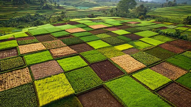 Drone view of vibrant terraced rice fields in lush landscape with dynamic patterns