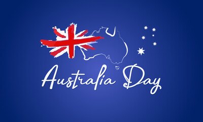 Australia day greeting banner, card, web, background with Australian flag map. National holiday on 26 January text blue template layout