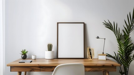 Minimalist Workspace with Plants and Blank Frame on Desk