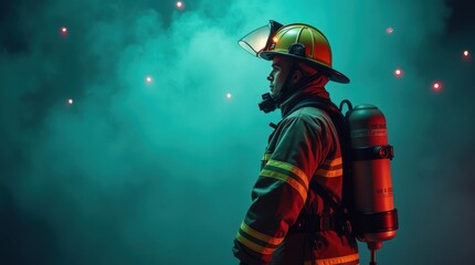 Naklejka premium Heroic Firefighter Under Neon Lights