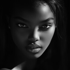 An impressive black-and-white portrait of a girl with an intense expression, dramatically lit against a dark background.