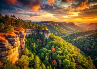 Naklejka premium Vintage Red River Gorge Kentucky Hiking Photography: Breathtaking Cliff Views, Sandstone Arches, Natural Bridge