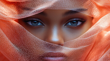 Mysterious Woman's Eyes Behind Delicate Mesh Veil in Soft Light