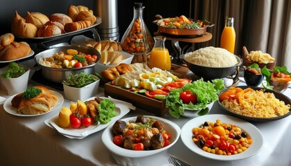 Obraz premium a large table with dishes of various delicious and beautiful dishes with various types of food piled on it.