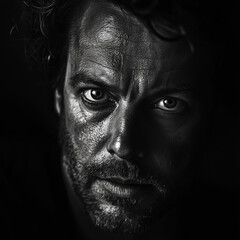 An impressive black-and-white portrait of a man with an intense expression, dramatically lit against a dark background.