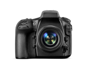 Black professional DSLR photo camera isolated, front view. Transparent PNG image.