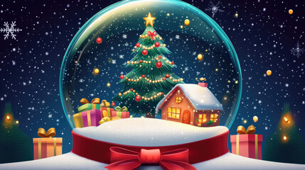 Delightful snow globe encapsulating a Christmas tree, gifts, and a charming house, with a red ribbon at the base of the glass dome, perfect for festive holiday decor and capturing the essence of winte