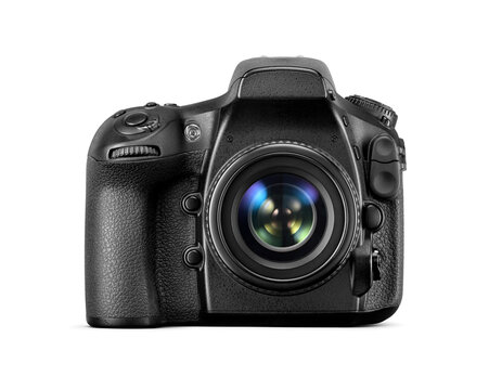 Black professional DSLR photo camera isolated, front view. Transparent PNG image.