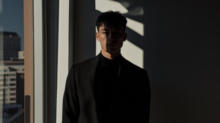 Fototapeta premium Confident businessman stands in minimalist modern office against backdrop of city skyline