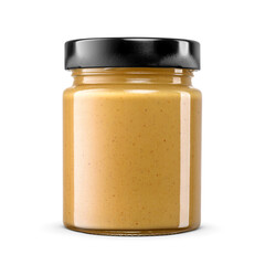 Peanut butter glass jar with black lid without label isolated. Transparent PNG image.