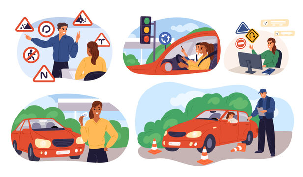 Driving school students. People learn to drive car and follow rules. Obtaining drivers license. Learners working with instructor. Auto traffic exam. Education course. Garish vector set