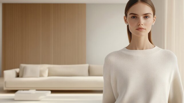 Elegant Young Woman in Minimalist Interior Space Wearing Cozy Sweater, Natural Light Highlighting Soft Features and Stylish Furniture in Neutral Tones