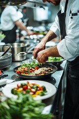 Chef working in a small restaurant kitchen, plating a beautifully arranged dish with fresh ingredients, surrounded by stainless steel counters