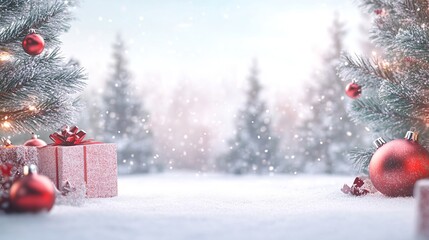 Empty Christmas Background Image with Blurred Christmas Ornaments and Trees, Presents, and Copy Space for Text or Graphics. Perfect for Holiday Marketing and Design Mockups. 