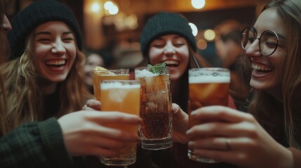 Close-up of six friends laughing together at a cafe, each holding a different drink or snack
