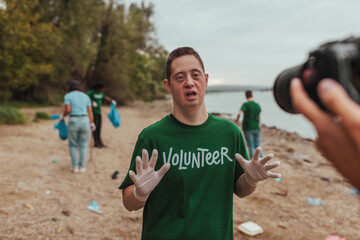 Volunteer activist with down syndrome explaining environmental project