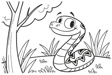 cute Rattlesnake, some grass and a tree, coloring book