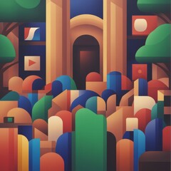 Obraz premium Abstract Cityscape Crowd Gathering at Monument