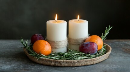 Cozy candle arrangement with fresh fruit and herbs on rustic tray