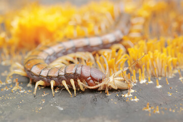 A centipede hunting small insects in between colonies of yellow staghorn mushrooms that thrive on...