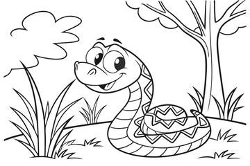 cute Rattlesnake, some grass and a tree, coloring book