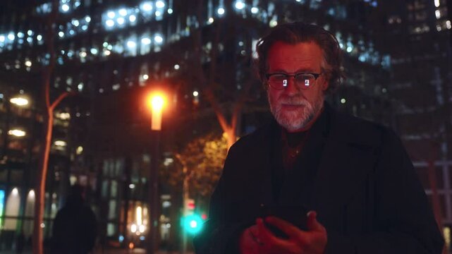 Mature Man holding smartphone, waving to taxi cab on city street, showcasing seamless use of technology to connect with ride-hailing services. Highlighting convenience and efficiency in urban mobility