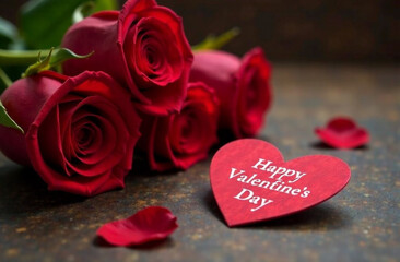 Red roses and red heart-shaped valentine with Happy Valentine's Day written on it
