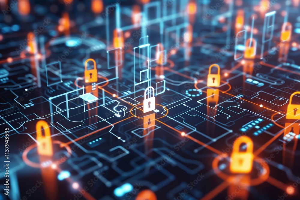 Poster a futuristic digital landscape symbolizing advanced cybersecurity measures and technologies protecti