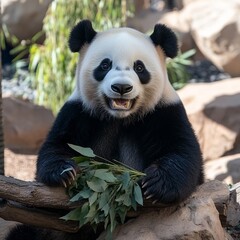 Obraz premium Adorable Giant Panda Holding Green Leaves in Zoo Habitat