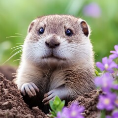 Fototapeta premium Adorable Otter Pup Emerging from Burrow in Spring Flowers