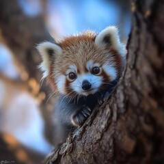 Fototapeta premium Adorable Red Panda Cub Clinging to Tree Trunk