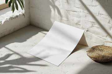A blank sheet of paper leaning against a textured white wall, with soft shadows cast by nearby plants. A woven basket is placed on the floor, creating a serene and minimalistic atmosphere.