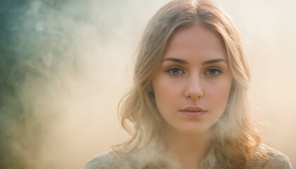 Suicide thoughts, portrait of young woman in soft, misty light, reflecting calm yet introspective emotions, symbolizing inner strength and vulnerability