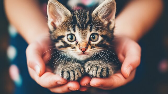 Small, frightened kitten in the hands of a compassionate veterinarian at an animal shelter for homeless pets. A tender moment showcasing care, rescue, the beginning of a new life for the little animal