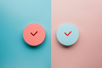 Two circles, one blue and one pink, each featuring a prominent check mark, symbolizing completion or approval. Representing response rate increase through A/B testing .
